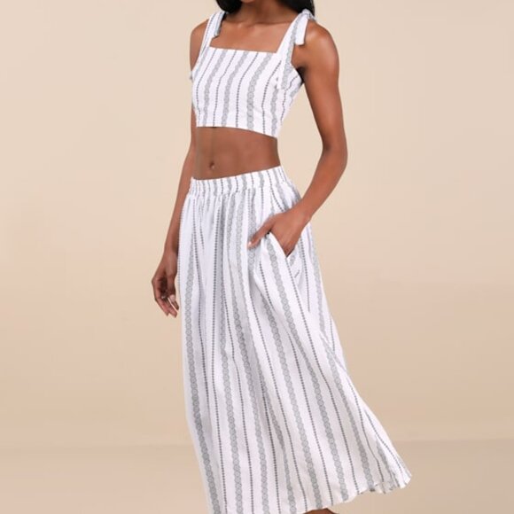 Lulus Cheerful Season Ivory Striped Two-piece Midi Dress With Pockets White NWT - Picture 1 of 10